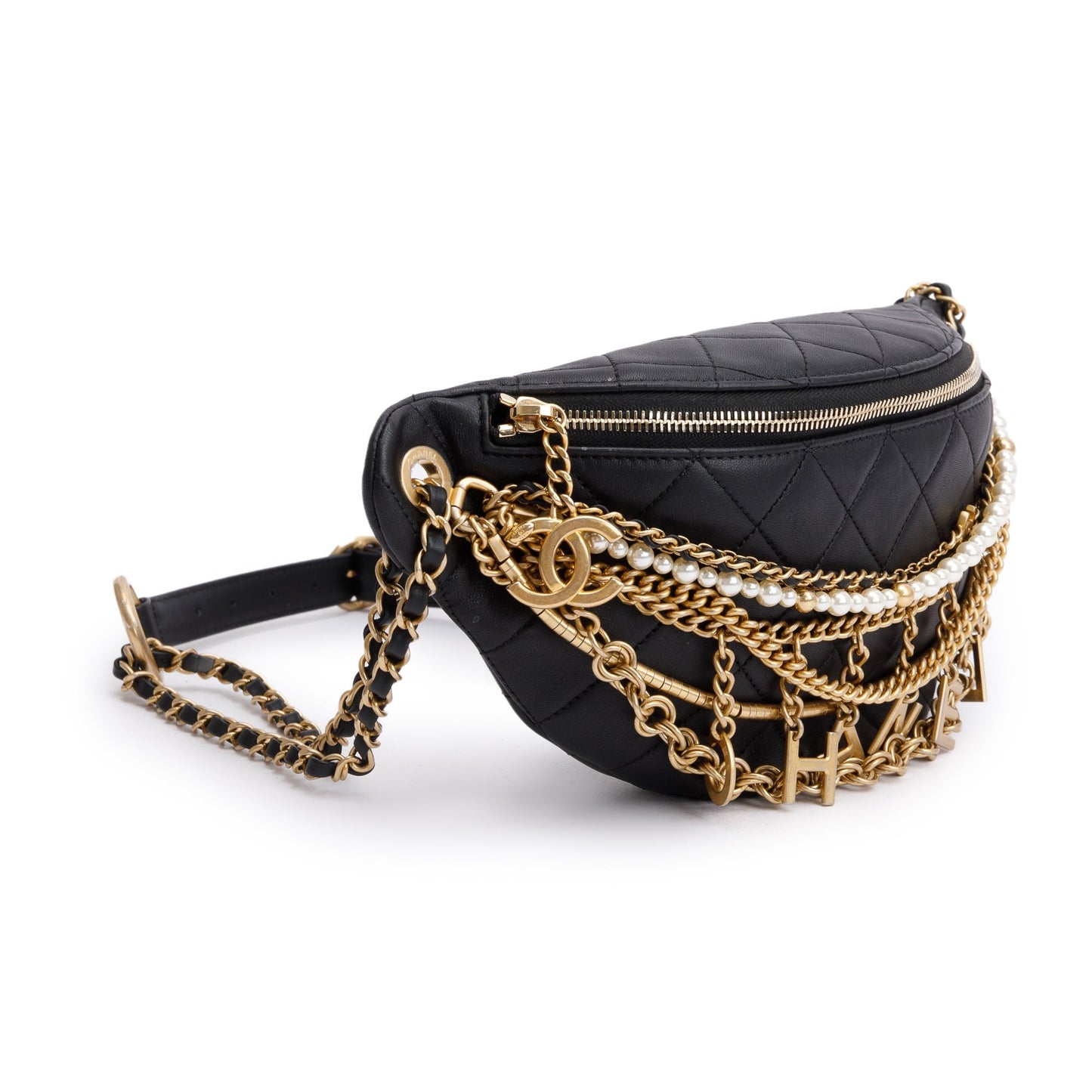 Chanel Black Calfskin Leather Faux Pearl All About Chains Waist Bag