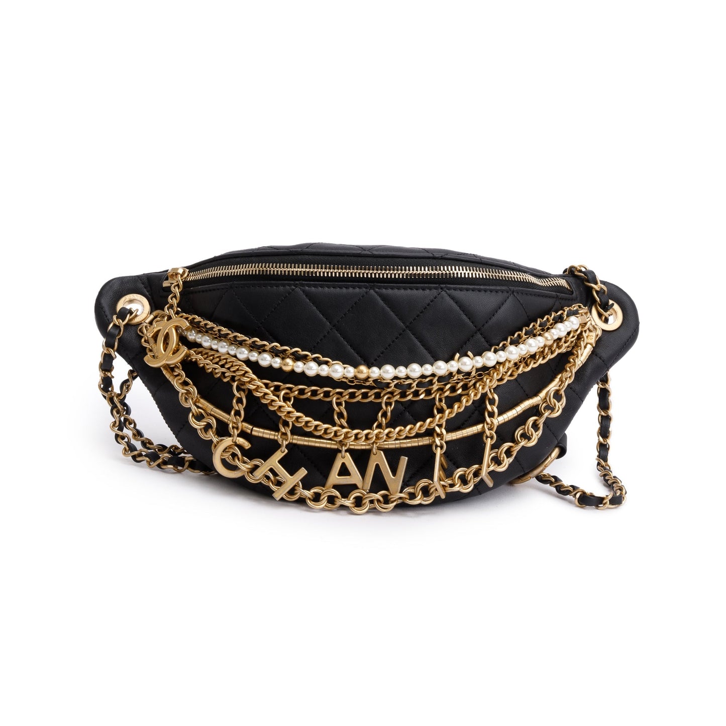 Chanel Black Calfskin Leather Faux Pearl All About Chains Waist Bag