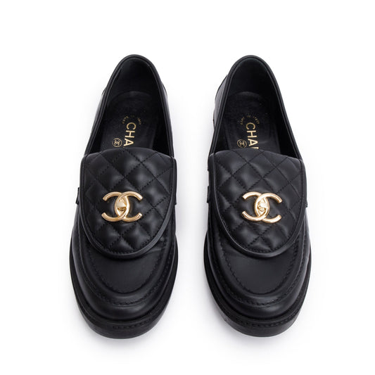 Chanel Black Calfskin Leather Quilted CC Logo Loafer, Size 38.5