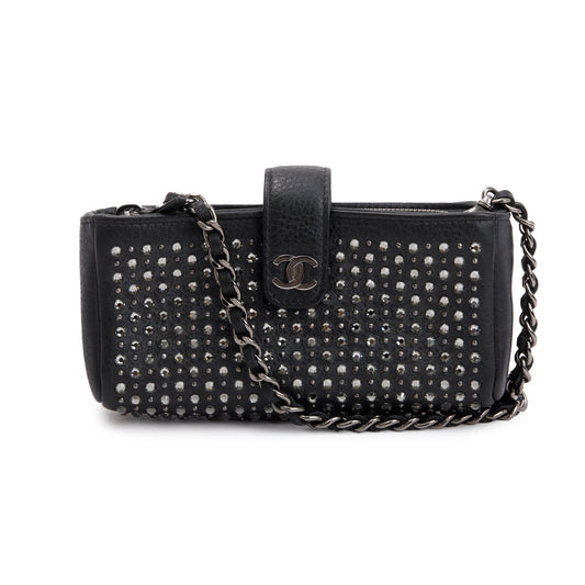 Chanel Black Calfskin Leather Strass Studded Phone Holder Clutch