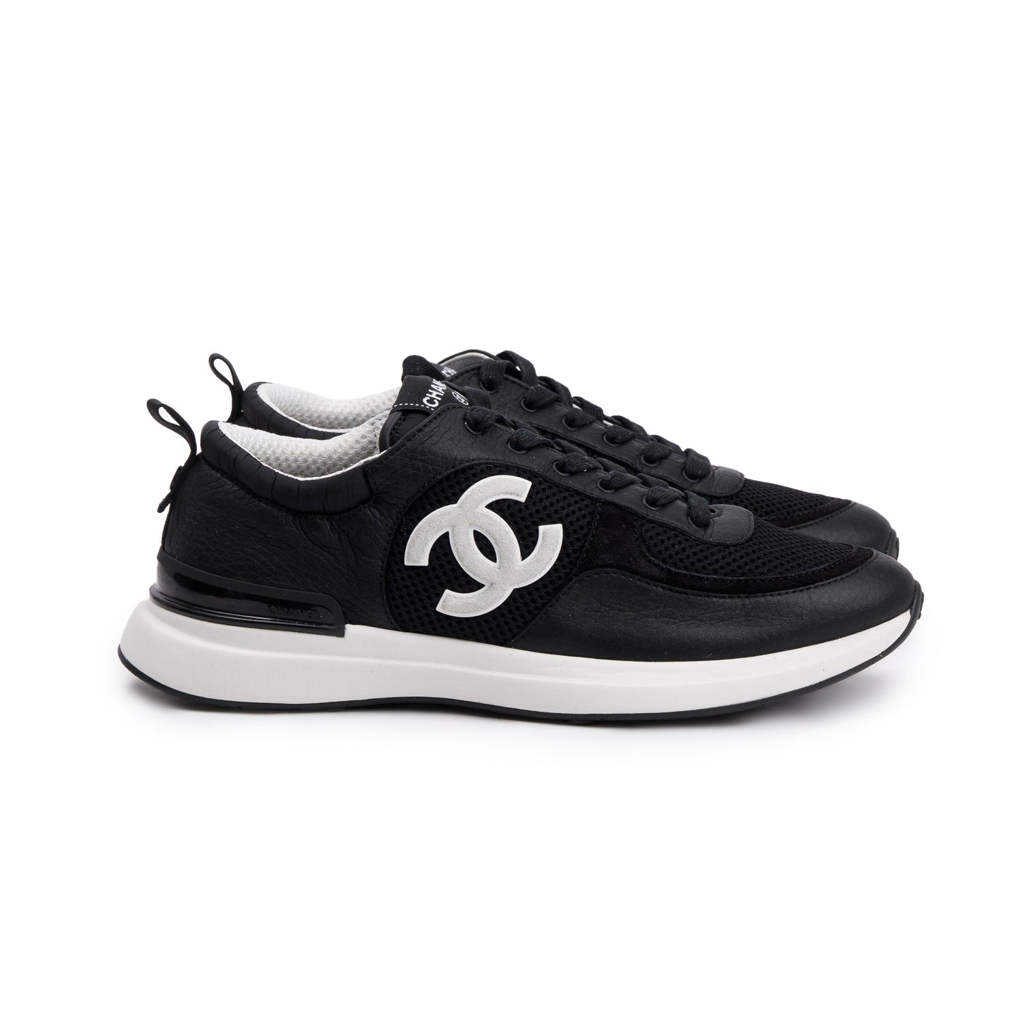 Chanel Black Calfskin Mesh Suede CC Logo Sneakers, Size 41