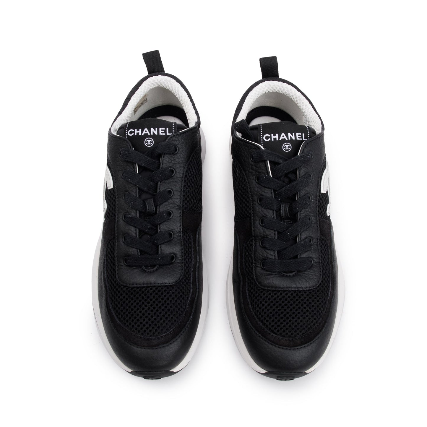 Chanel Black Calfskin Mesh Suede CC Logo Sneakers, Size 41