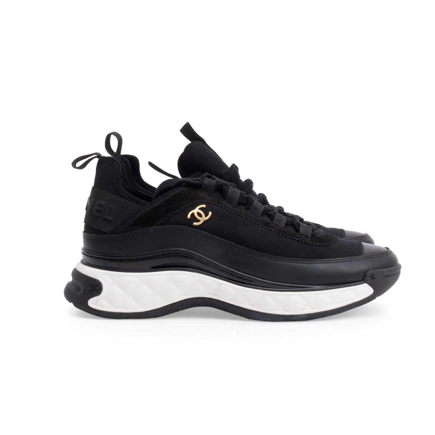 Chanel Black Calfskin Neoprene Interlocking CC Logo Sneakers, Size 36.5