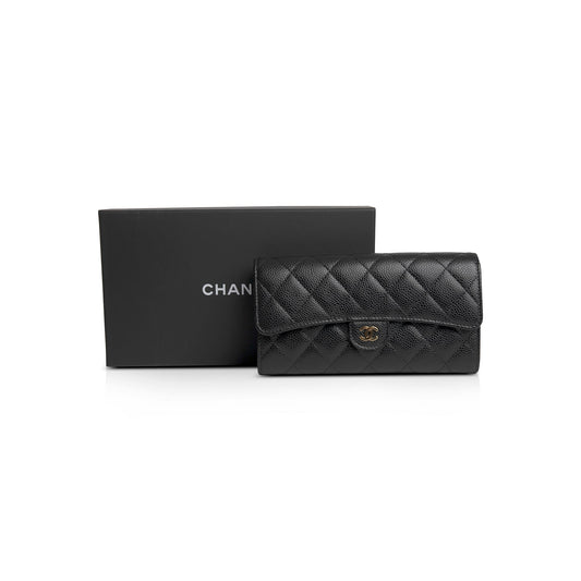 Chanel Black Caviar Classic Long Flap Wallet