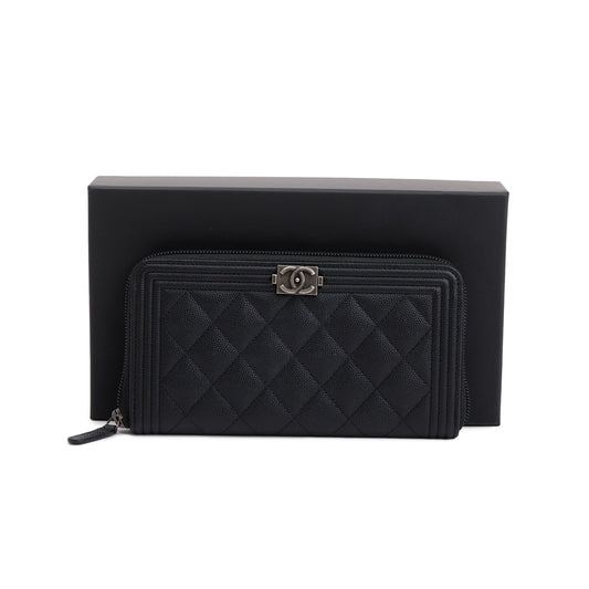 Chanel Black Caviar Leather Boy Long Zip Around Wallet