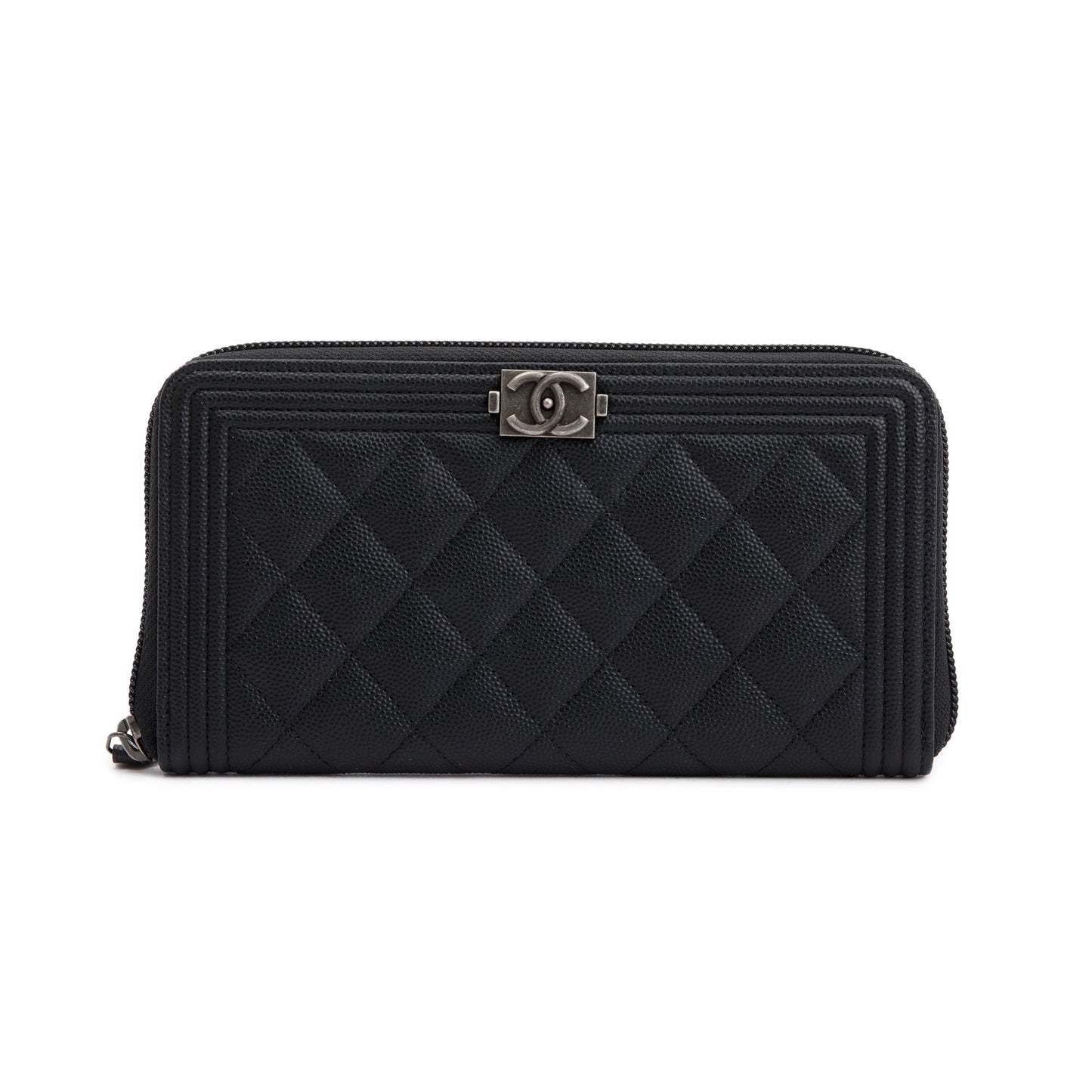 Chanel Black Caviar Leather Boy Long Zip Around Wallet