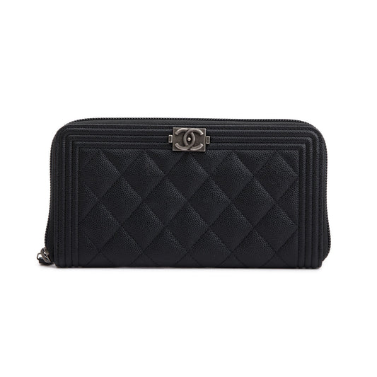 Chanel Black Caviar Leather Boy Long Zip Around Wallet