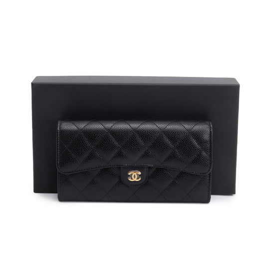 Chanel Black Caviar Leather Classic Long Flap Wallet