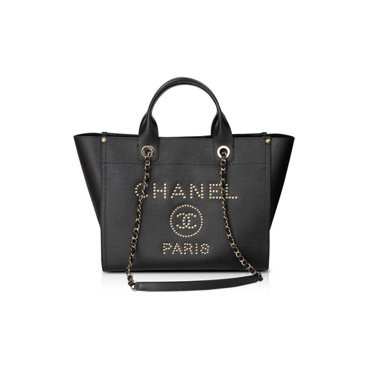 Chanel Black Caviar Leather Medium Studded Deauville Tote