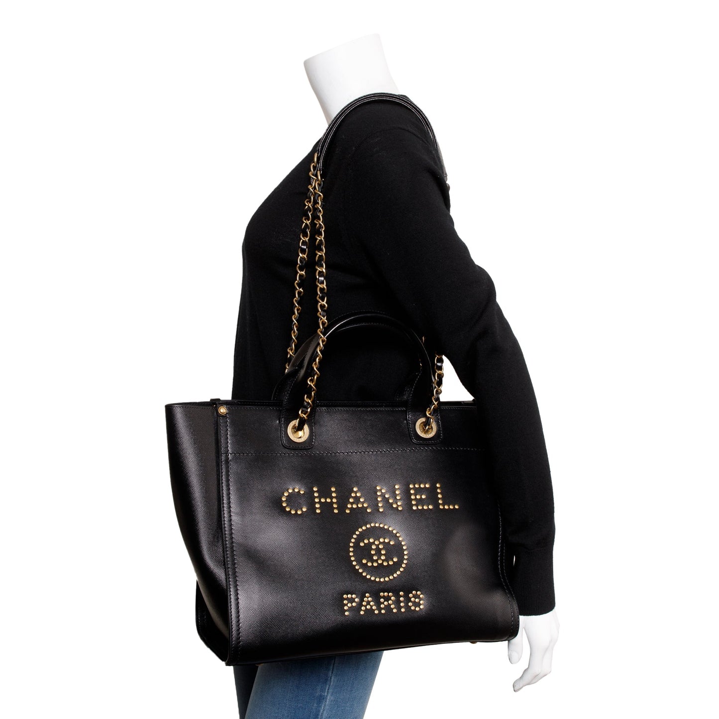 Chanel Black Caviar Leather Medium Studded Deauville Tote