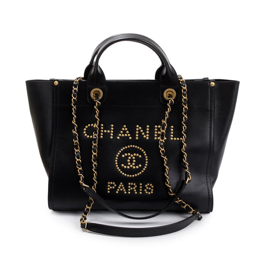 Chanel Black Caviar Leather Medium Studded Deauville Tote