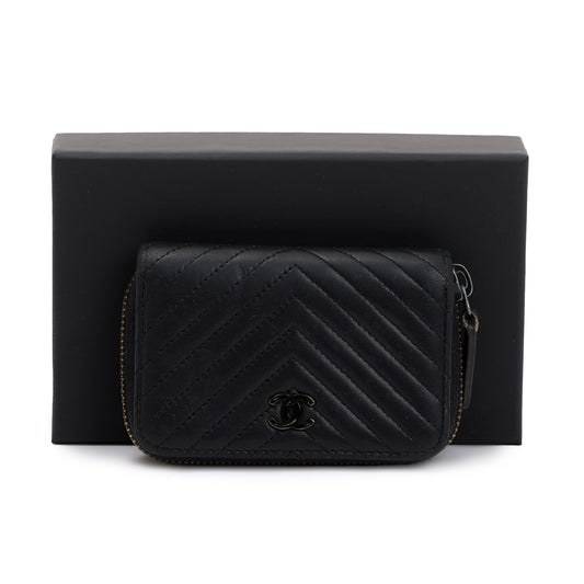 Chanel Black Chevron Calfskin Leather Classic Zipped Coin Purse