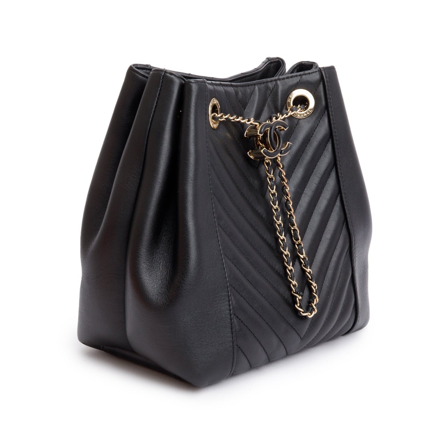 Chanel Black Chevron Calfskin Leather Drawstring Bucket Crossbody Bag