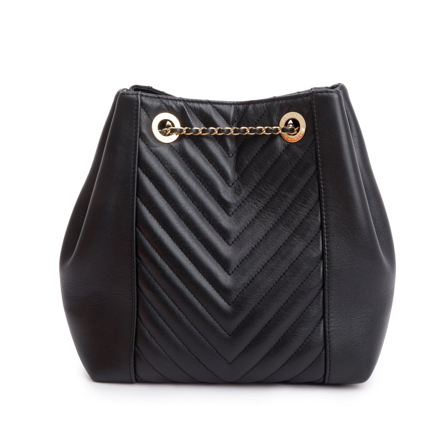 Chanel Black Chevron Calfskin Leather Drawstring Bucket Crossbody Bag