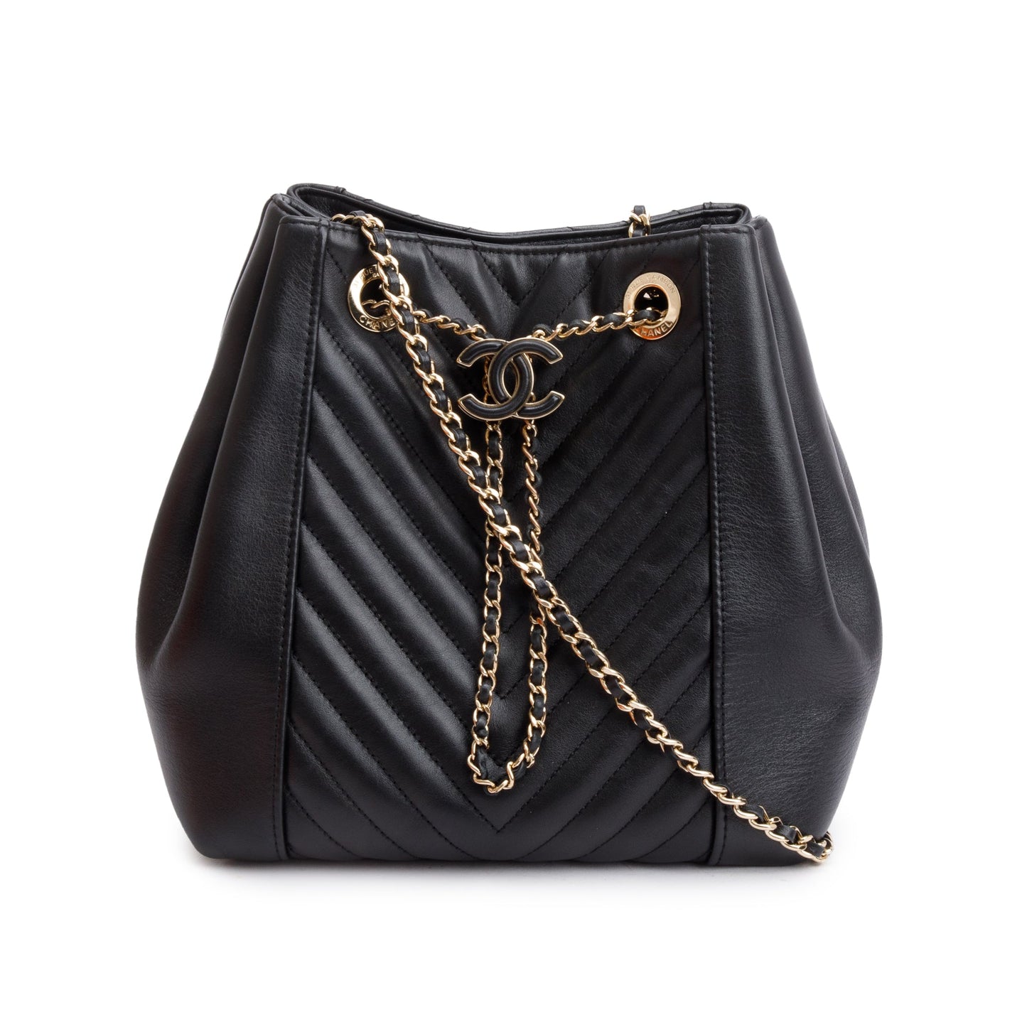 Chanel Black Chevron Calfskin Leather Drawstring Bucket Crossbody Bag