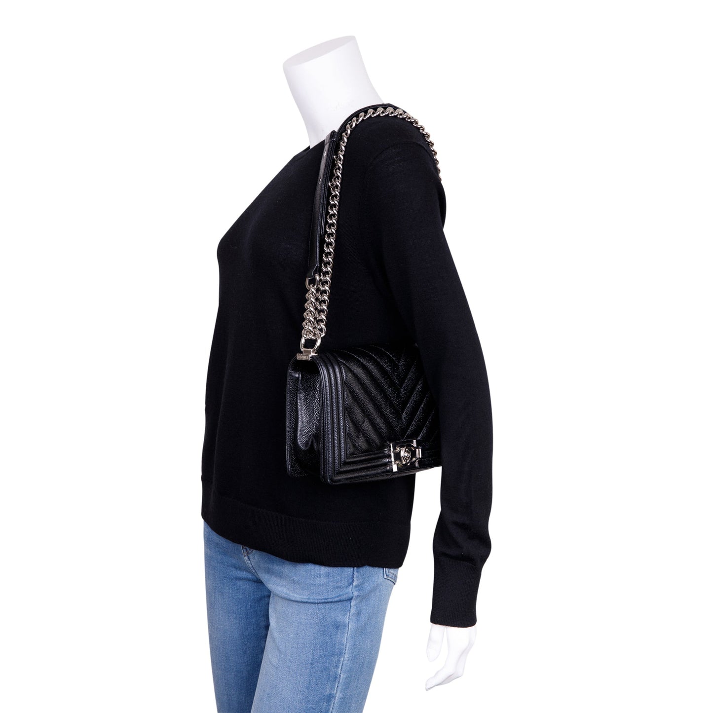Chanel Black Chevron Caviar Medium Boy Bag