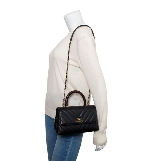 Chanel Black Chevron Quilted Caviar Leather Lizard Coco Top Handle Flap Bag