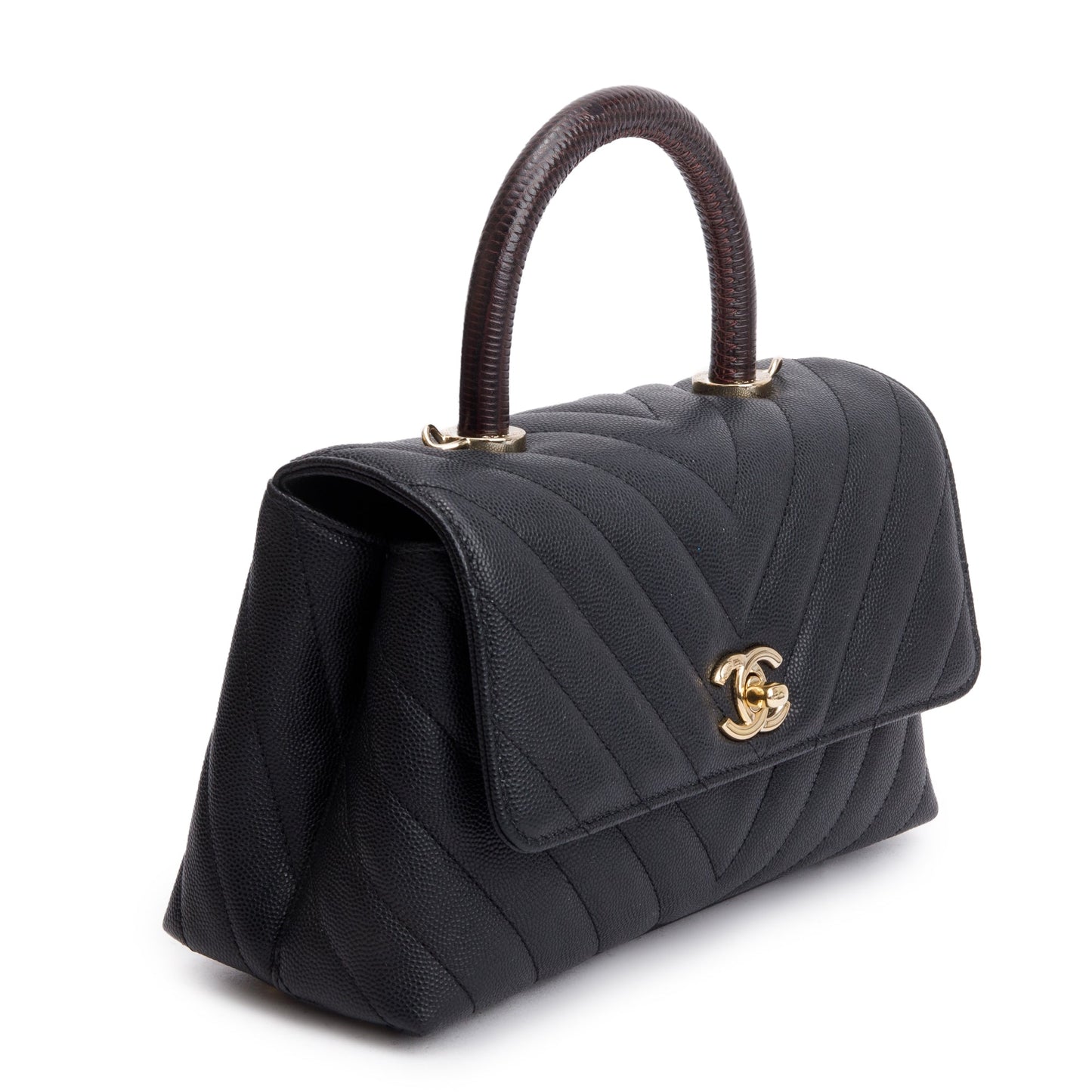 Chanel Black Chevron Quilted Caviar Leather Lizard Coco Top Handle Flap Bag