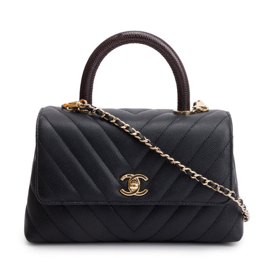 Chanel Black Chevron Quilted Caviar Leather Lizard Coco Top Handle Flap Bag