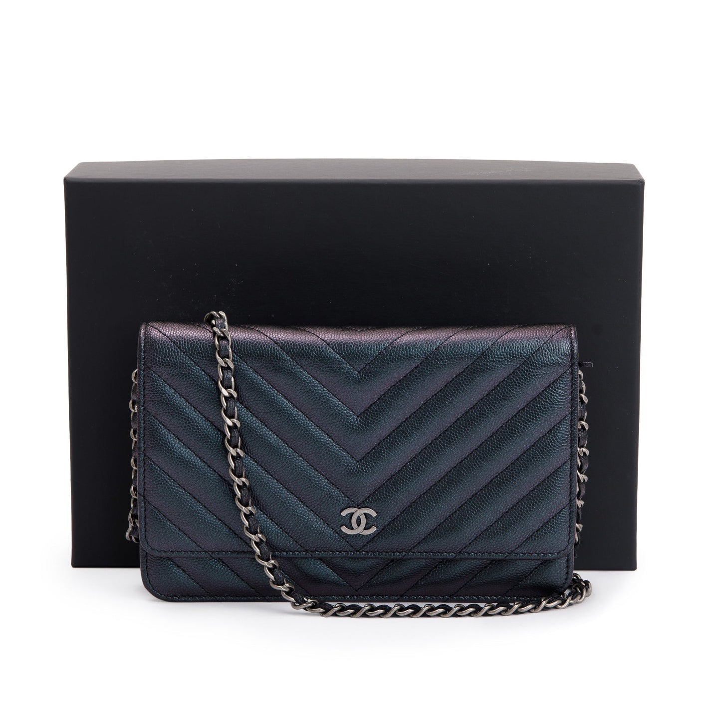 Chanel Black Iridescent Caviar Leather Chevron Wallet on Chain