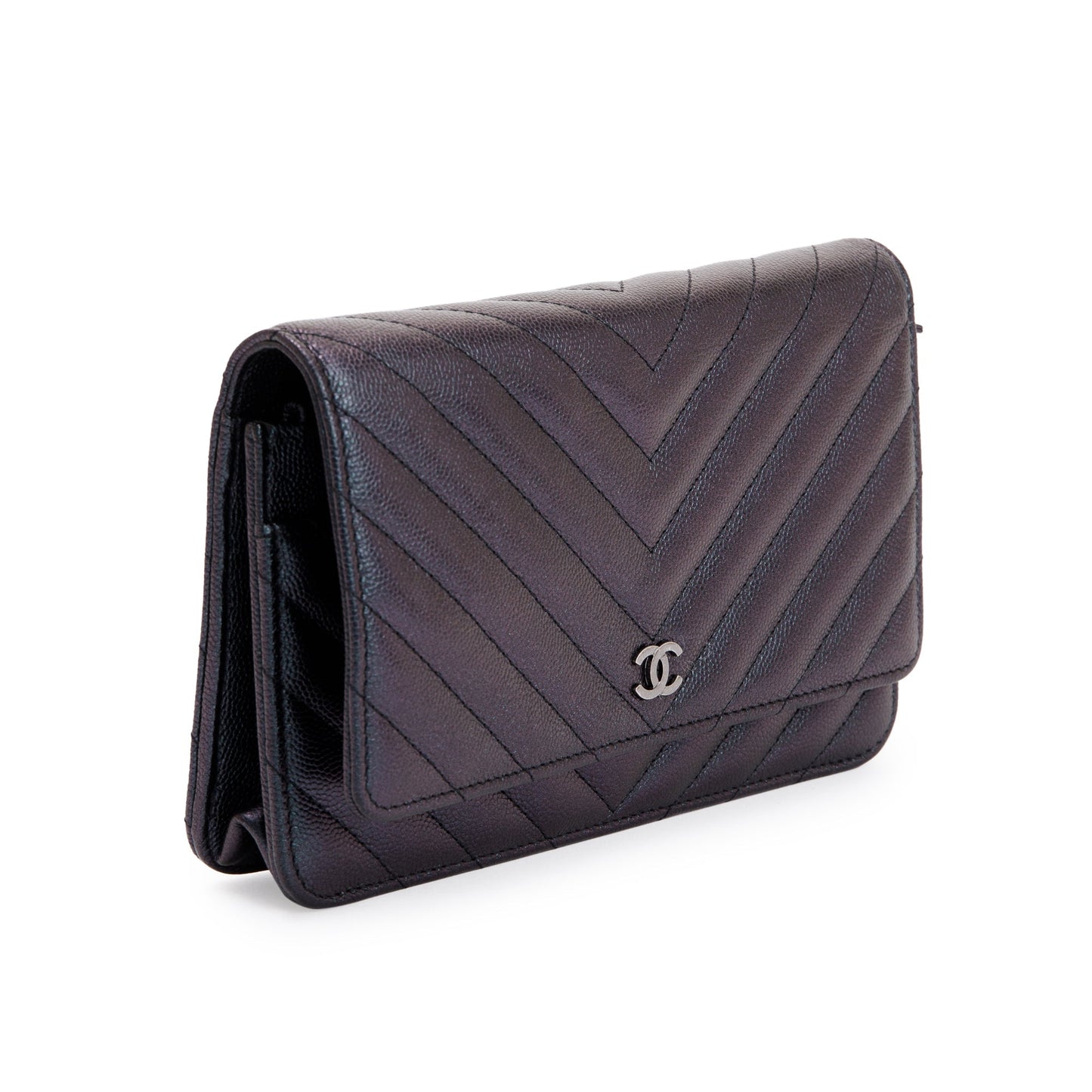 Chanel Black Iridescent Caviar Leather Chevron Wallet on Chain