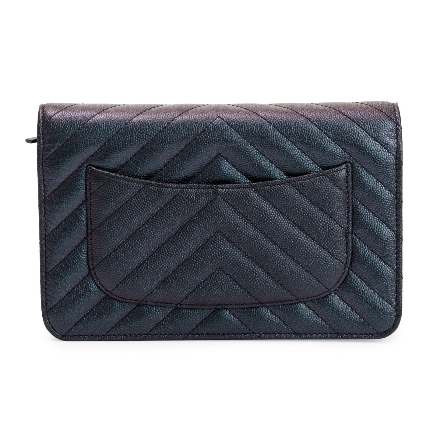 Chanel Black Iridescent Caviar Leather Chevron Wallet on Chain