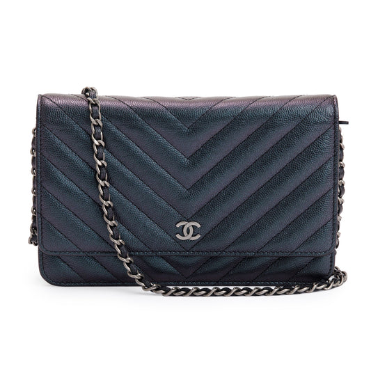 Chanel Black Iridescent Caviar Leather Chevron Wallet on Chain