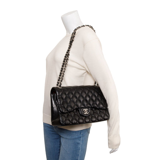 Chanel Black Lambskin Classic Jumbo Double Flap Bag