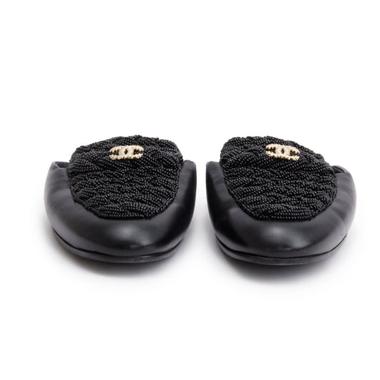 Chanel Black Lambskin Leather CC Beaded Flat Mules, Size 40