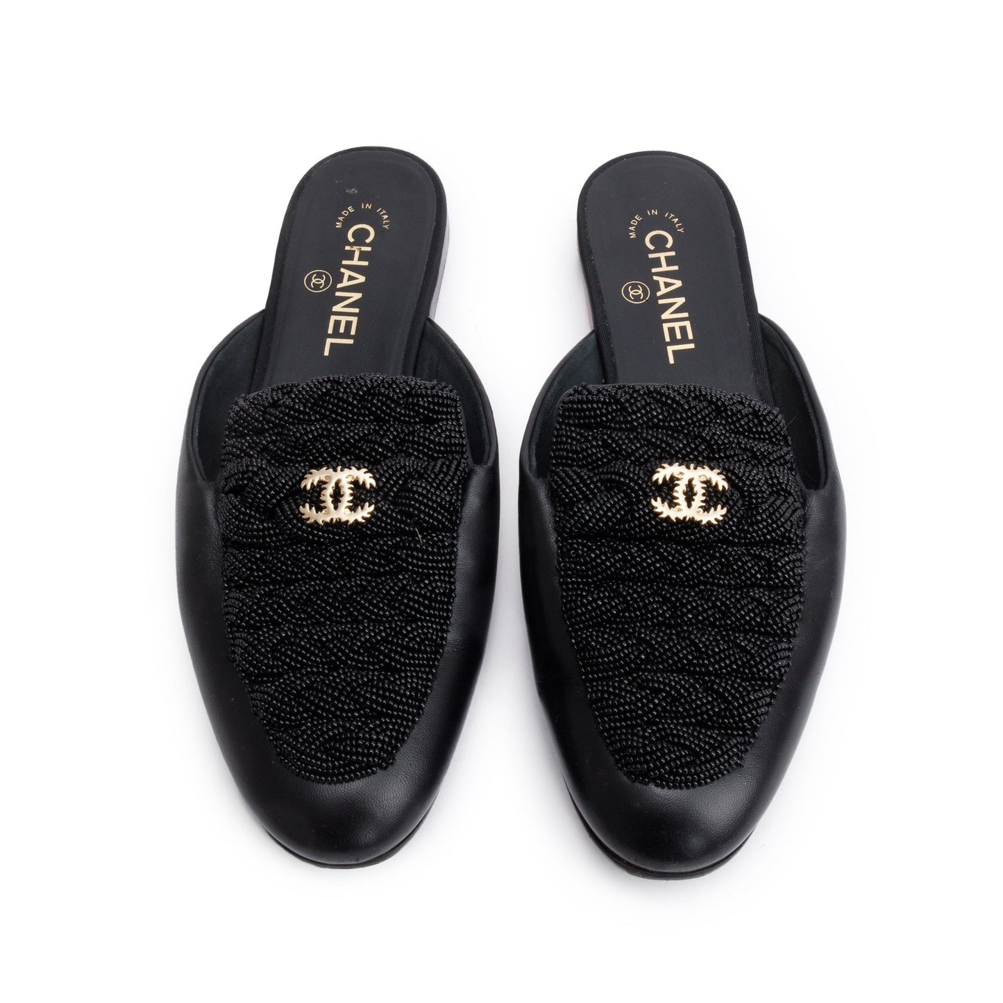 Chanel Black Lambskin Leather CC Beaded Flat Mules, Size 40