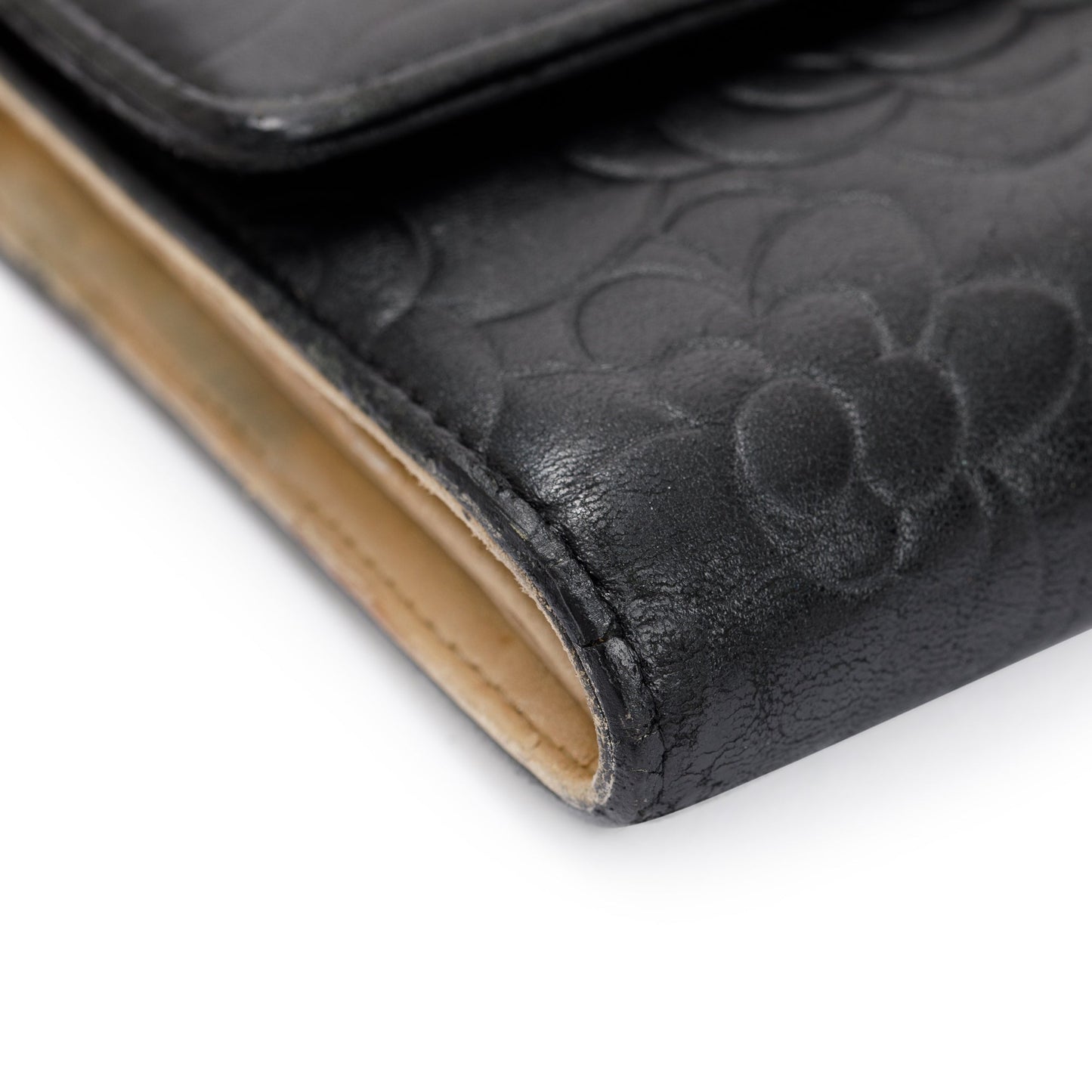 Chanel Black Lambskin Leather CC Logo Camellia Trifold Wallet