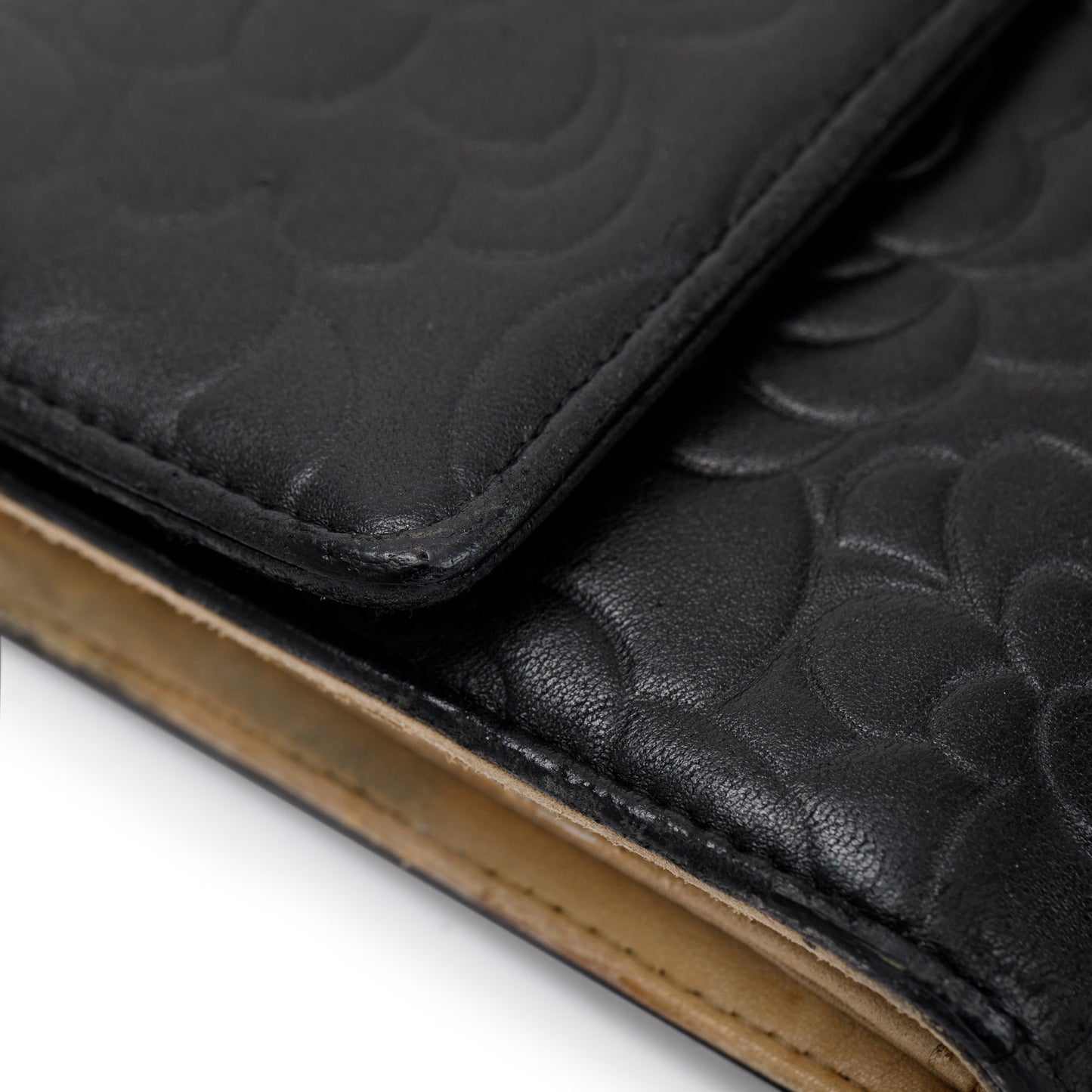 Chanel Black Lambskin Leather CC Logo Camellia Trifold Wallet
