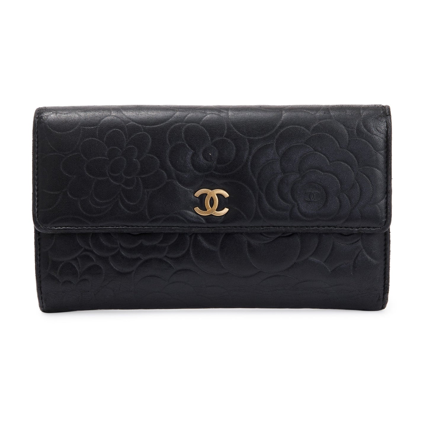 Chanel Black Lambskin Leather CC Logo Camellia Trifold Wallet
