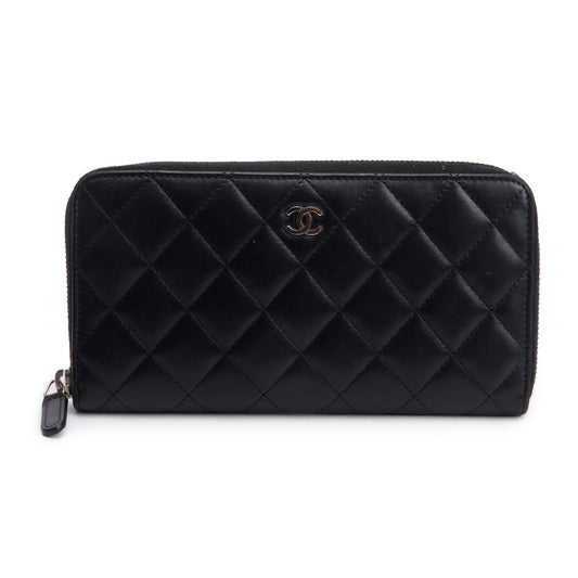 Chanel Black Lambskin Leather Classic Large Gusset Zip Around Wallet
