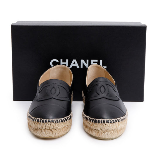 Chanel Black Lambskin Leather Interlocking CC Logo Espadrilles, Size 36