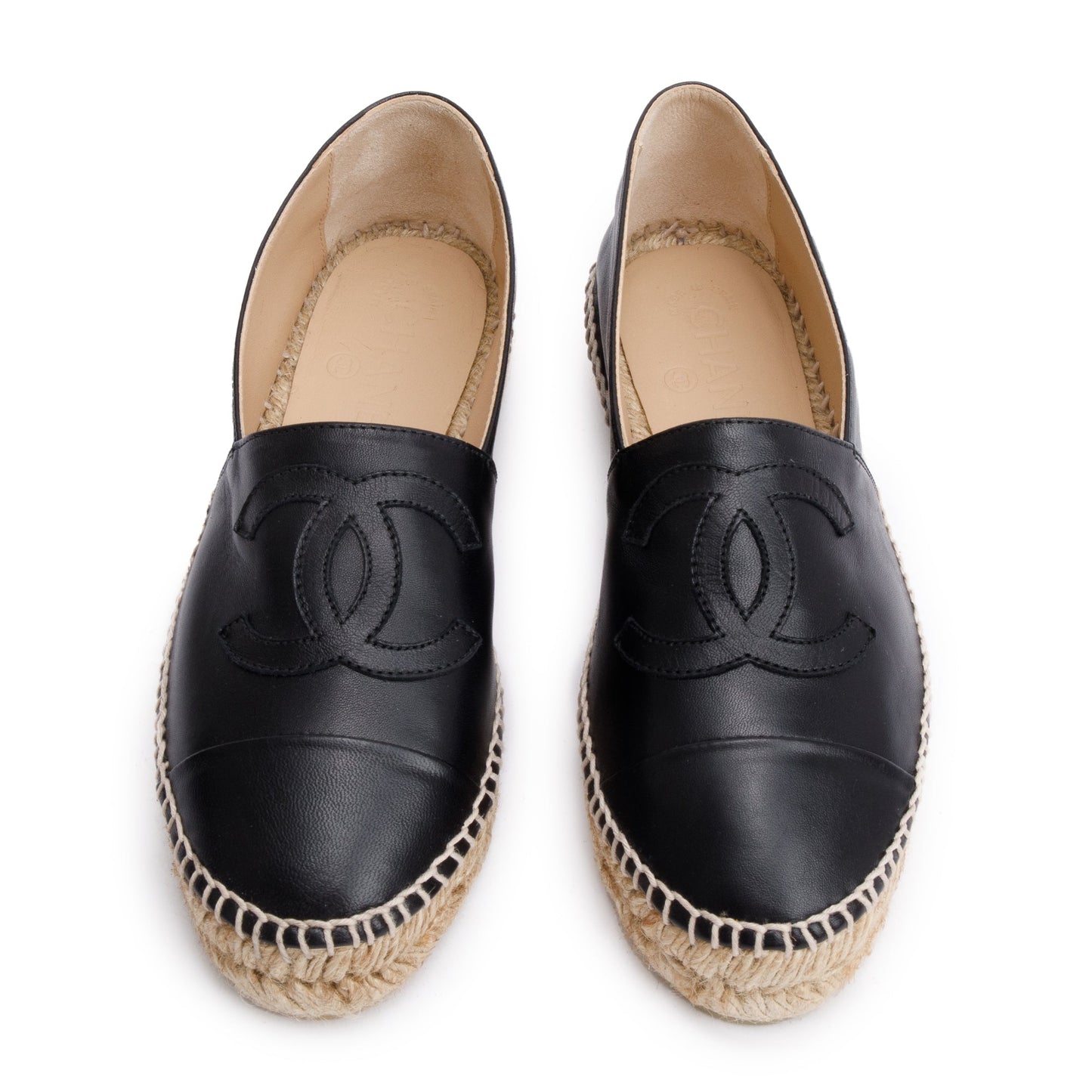 Chanel Black Lambskin Leather Interlocking CC Logo Espadrilles, Size 36