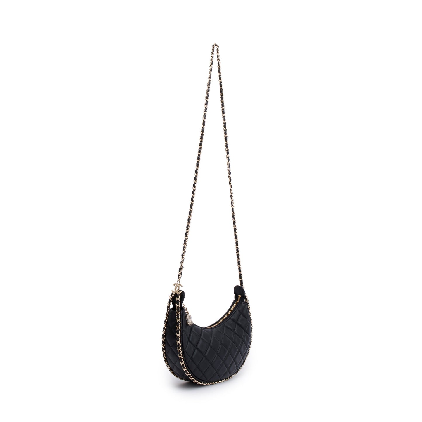 Chanel Black Lambskin Leather Small Chain Around Hobo Bag