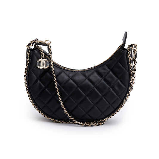 Chanel Black Lambskin Leather Small Chain Around Hobo Bag