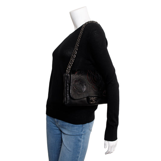 Chanel Black Lambskin Leather Tweed Camellia Petals Flap Bag