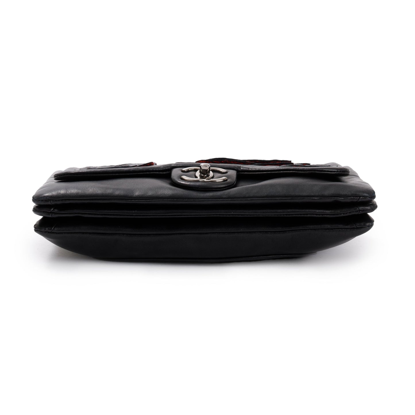 Chanel Black Lambskin Leather Tweed Camellia Petals Flap Bag