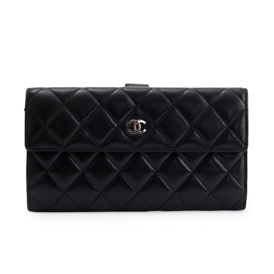 Chanel Black Lambskin Quilted Long Flap Wallet