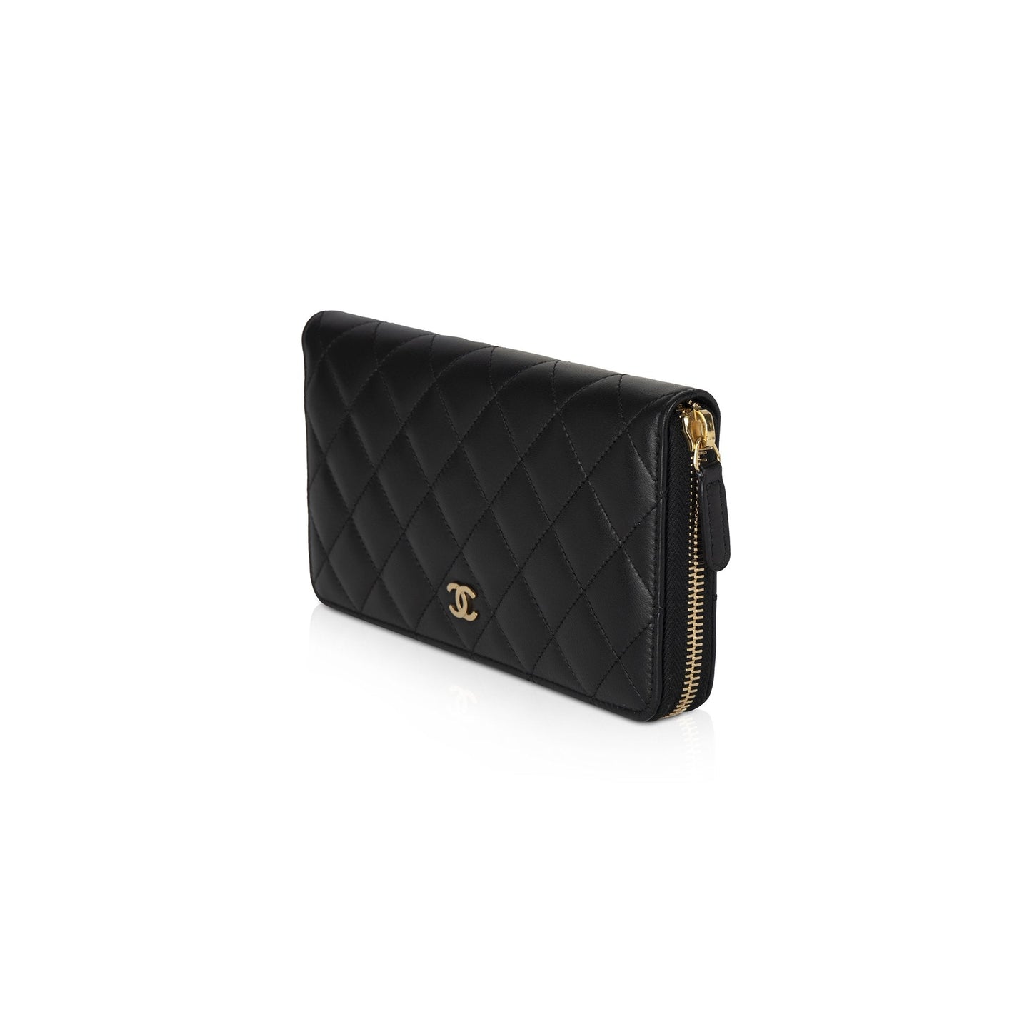 Chanel Black Lambskin Quilted Zip Wallet