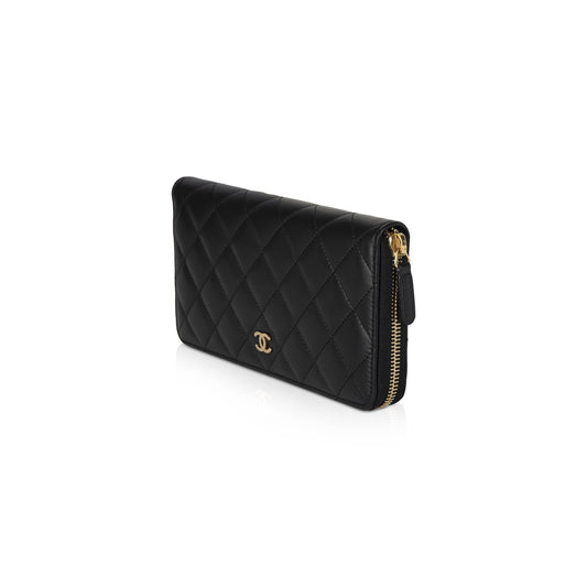 Chanel Black Lambskin Quilted Zip Wallet