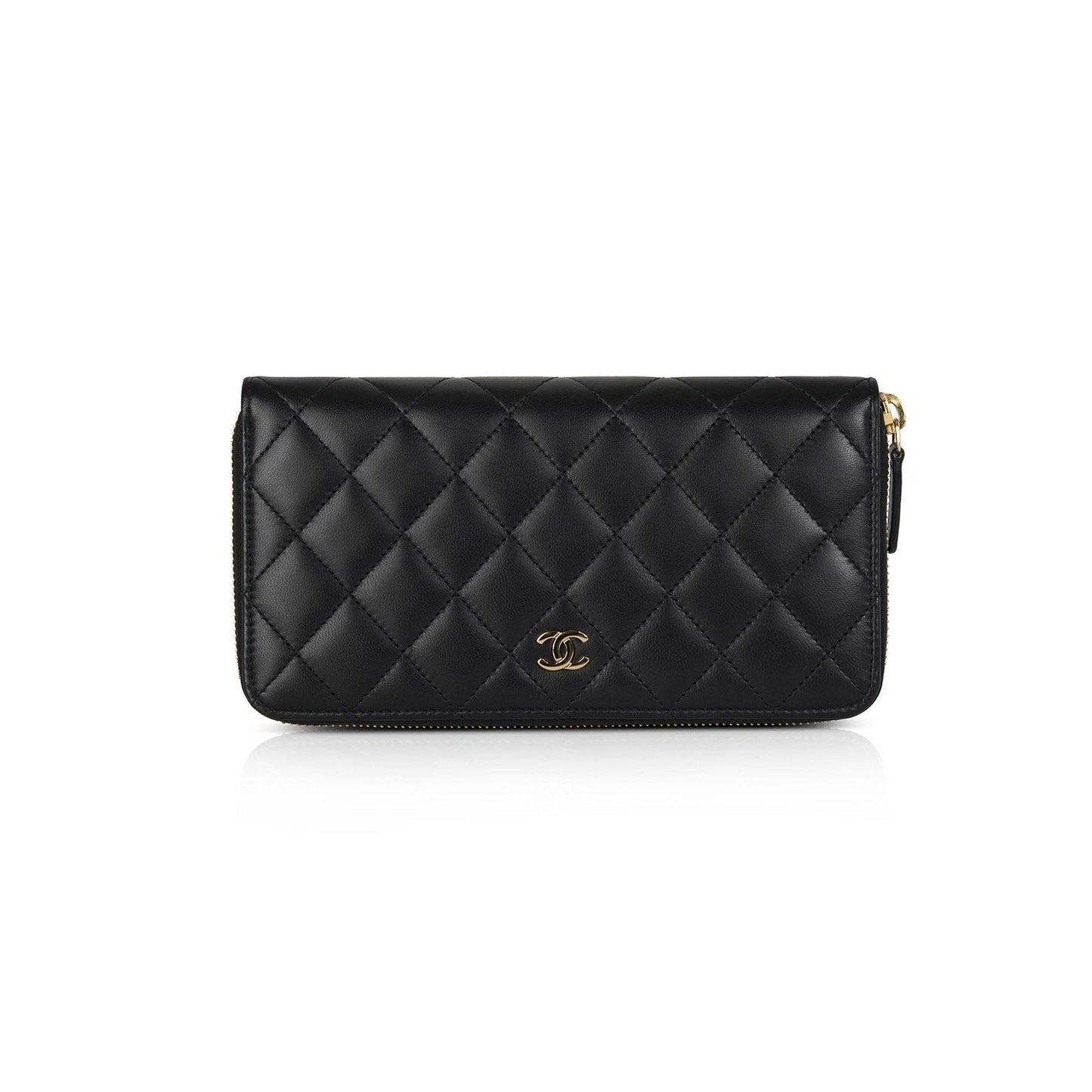 Chanel Black Lambskin Quilted Zip Wallet