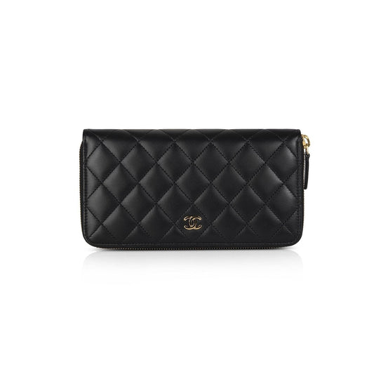 Chanel Black Lambskin Quilted Zip Wallet
