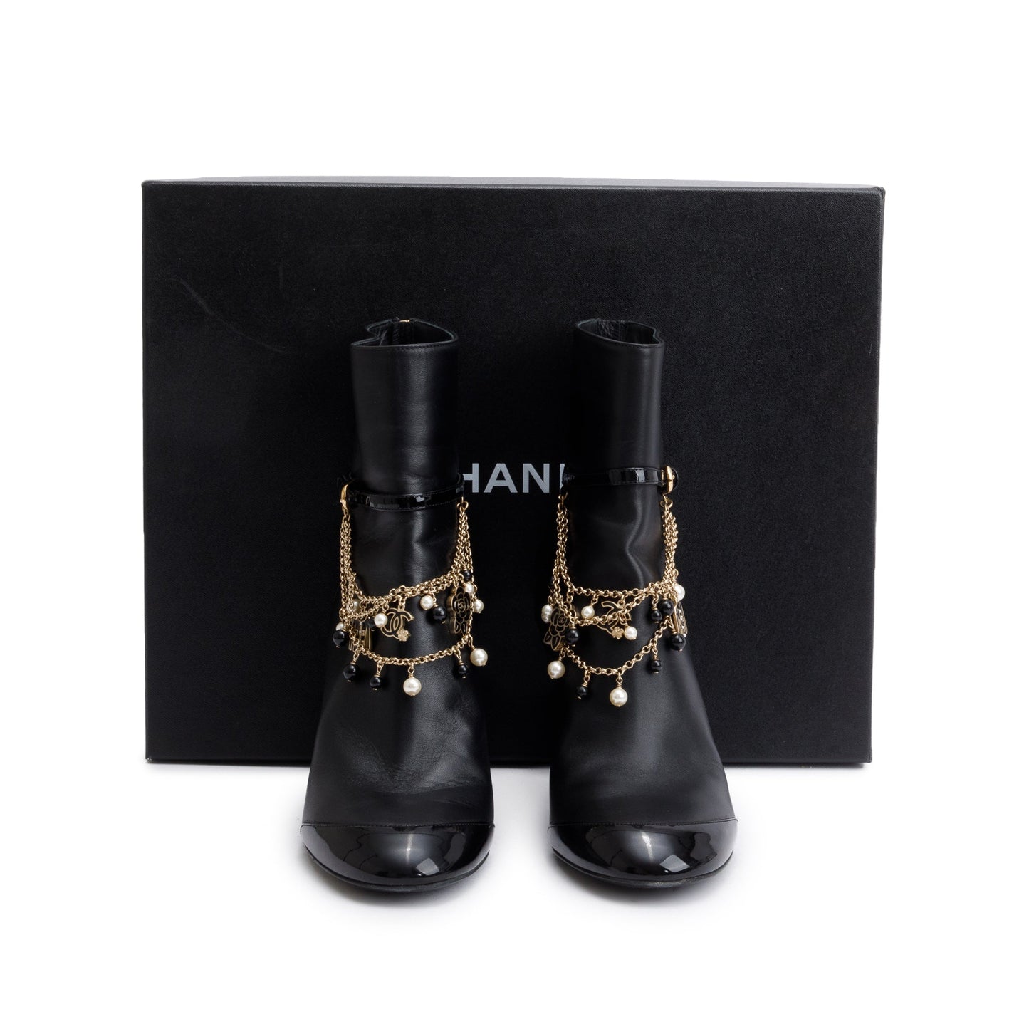 Chanel Black Leather Faux Pearl Bead Charms Interlocking CC Logo Chain Lace Up Ankle Boots, Size 40
