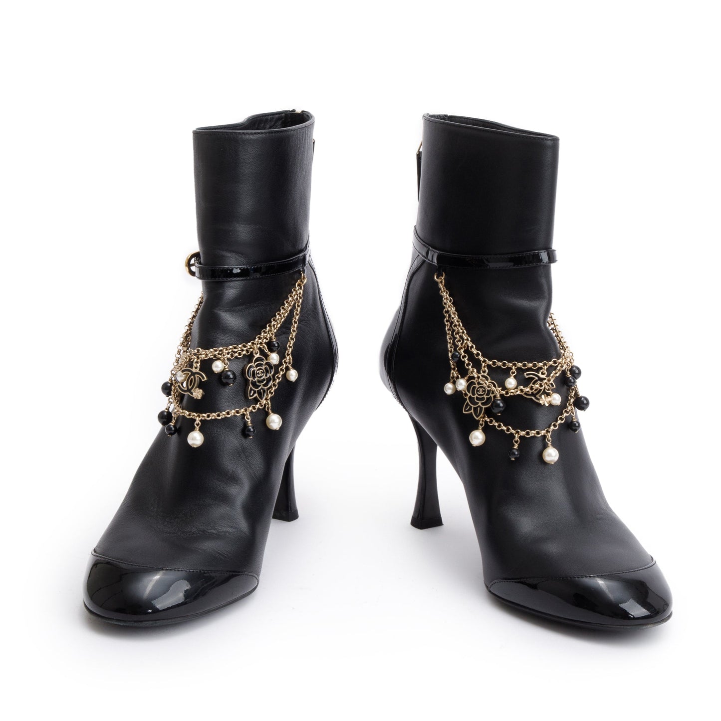 Chanel Black Leather Faux Pearl Bead Charms Interlocking CC Logo Chain Lace Up Ankle Boots, Size 40