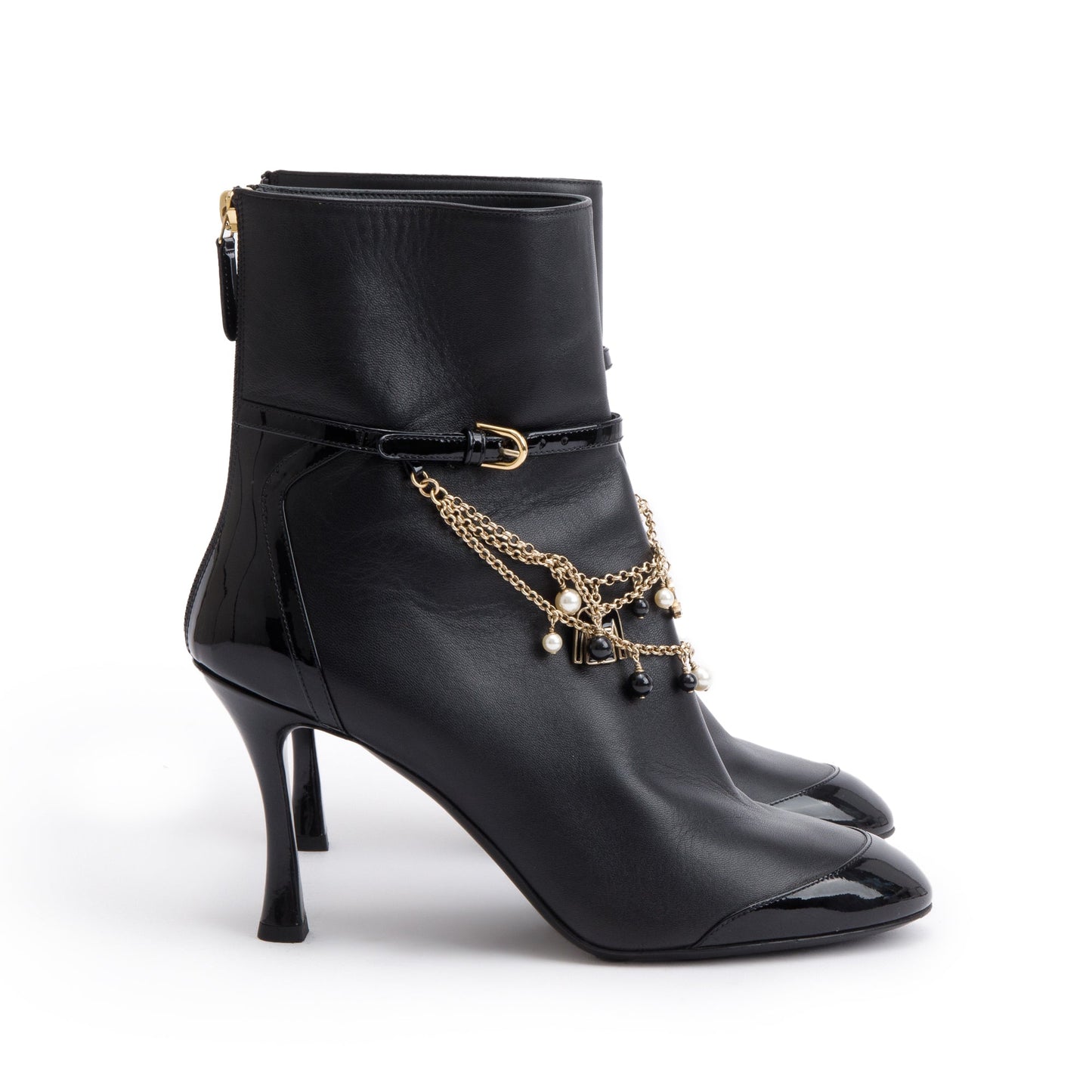 Chanel Black Leather Faux Pearl Bead Charms Interlocking CC Logo Chain Lace Up Ankle Boots, Size 40