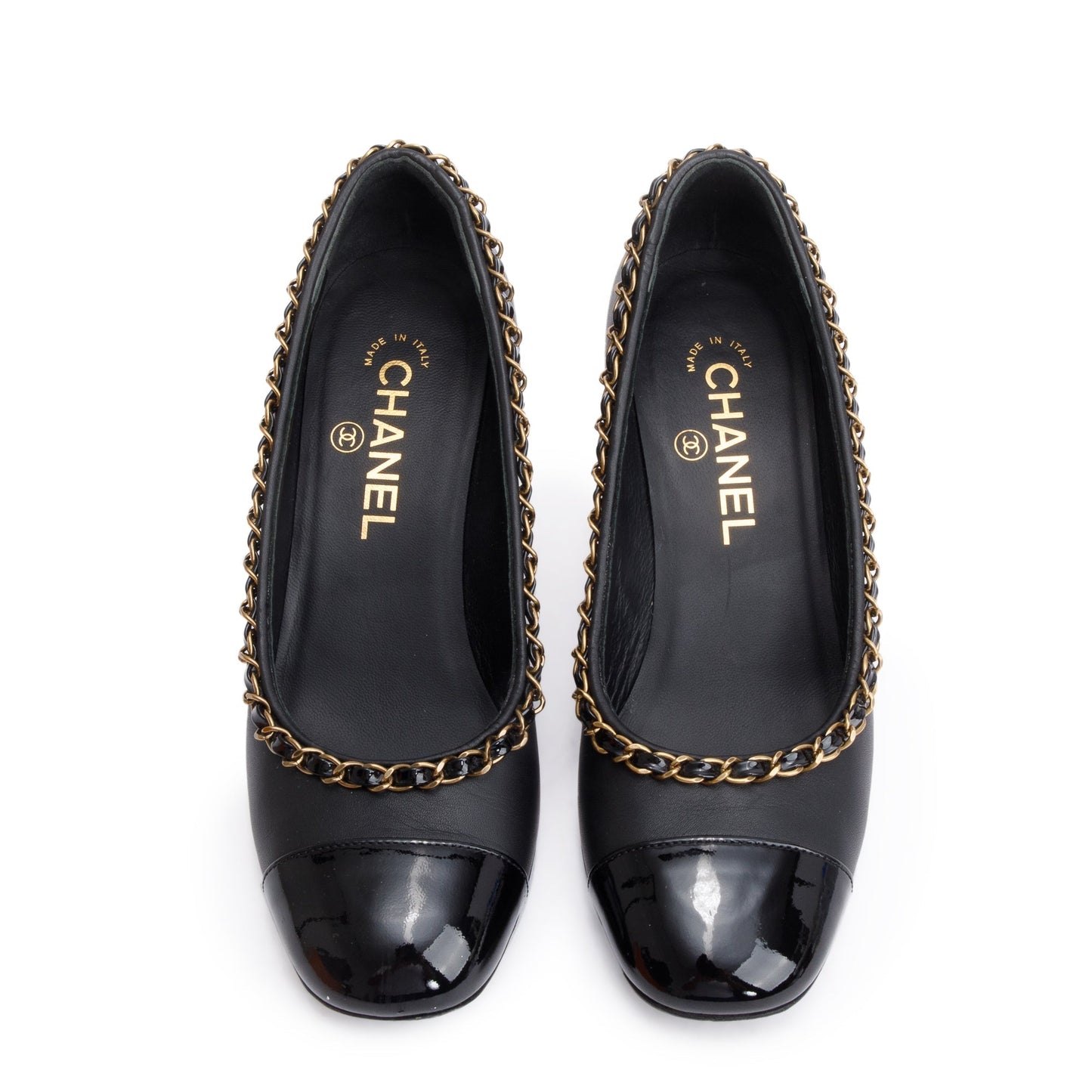 Chanel Black Leather Interlocking CC Logo Chain Around Pumps, Size 36.5