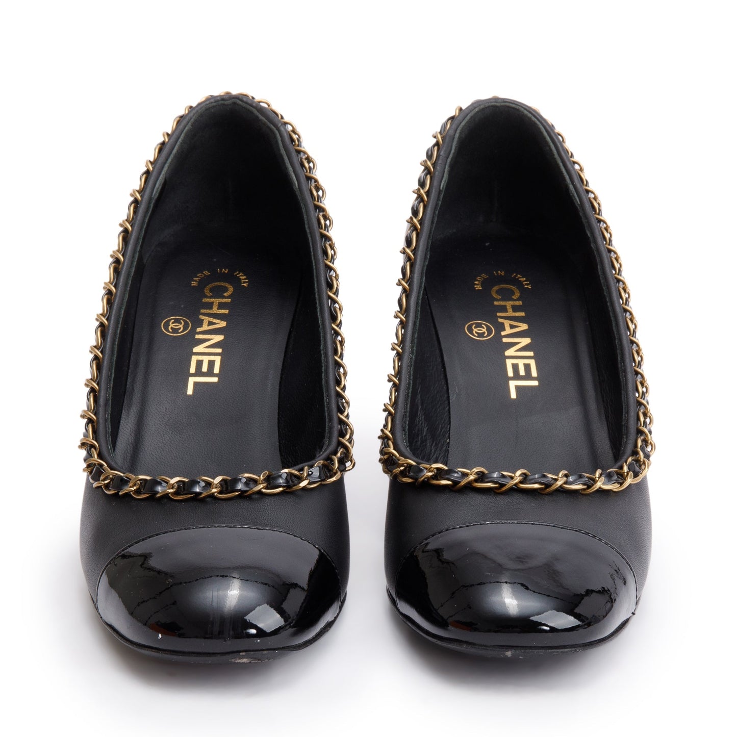 Chanel Black Leather Interlocking CC Logo Chain Around Pumps, Size 36.5